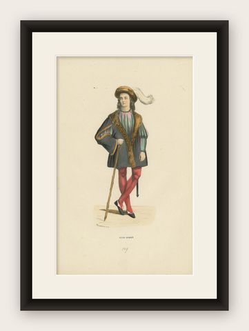 Youthful Elegance: A Young Gentleman's Attire in 'Costume du Moyen Âge', 1847, shown framed
