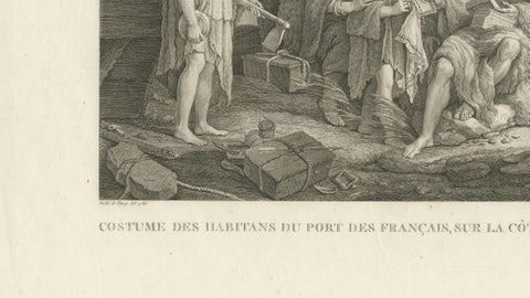 La Pérouse Alaska Tlingit Costume Engraving, French Expedition, 1797, close-up 4