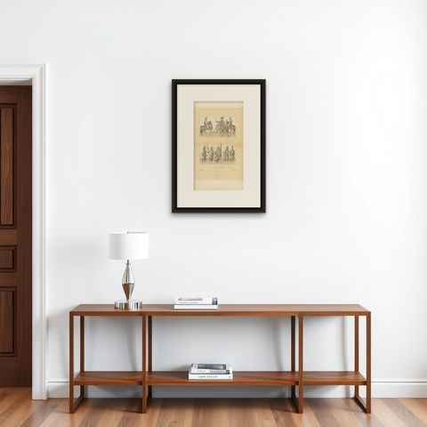 Antique Print of Polish Battle Costumes Racinet, 'circa 1880', shown framed on a wall