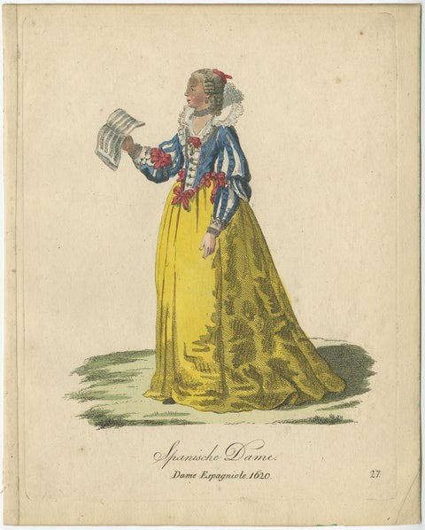 Original Colored Copper Engraving of a Lady from Spain in a 1620 Costume, 1805, view 2