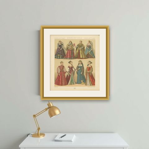 Pl. 64 Antique Print of European XVIth Century Costumes by Racinet, circa 1880, shown framed on a wall