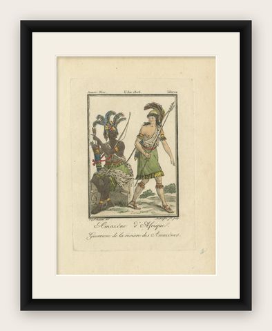 African Amazon and Amazon River Warrior, Hand-Colored Costume Engraving, 1806, shown framed