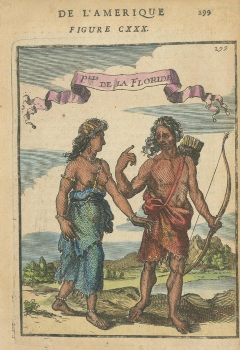 Florida Indians, Couple in Traditional Dress, Mallet America Engraving, 1683, close-up 4