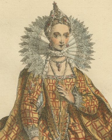 Habit of Queen Elizabeth in 1559, Hand Colored Jefferys Costume Plate, 1757, close-up 1