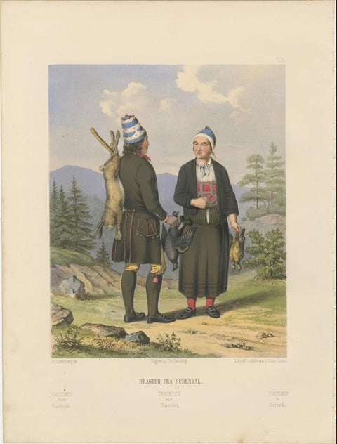 Traditional Dress from Surendal, Norway, Hunting Scene, 19th Century Print, close-up 6