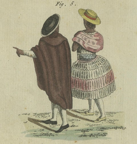 Elegant Costumes of 18th-Century Peru: Hand-Colored Engraving from Bertuch, 1805, close-up 2
