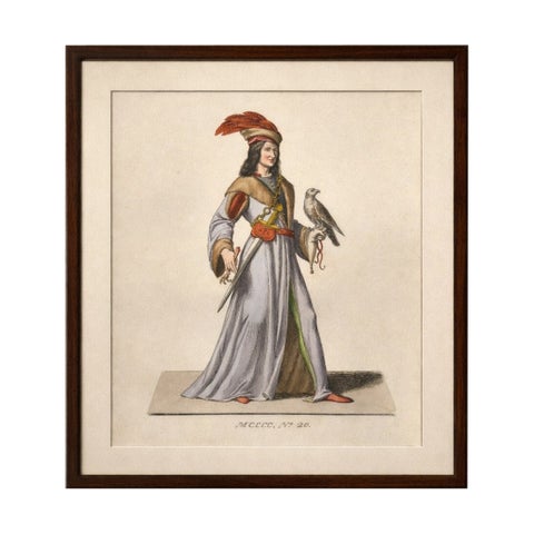 Medieval Falconer Figure, Hand-Colored Costume Engraving, France 1845