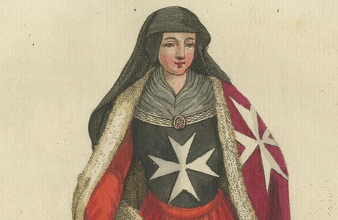 Pre-Rhodes Hospitaller Nun: 1791 Colored Engraving of Historic Ceremonial Dress, close-up 2