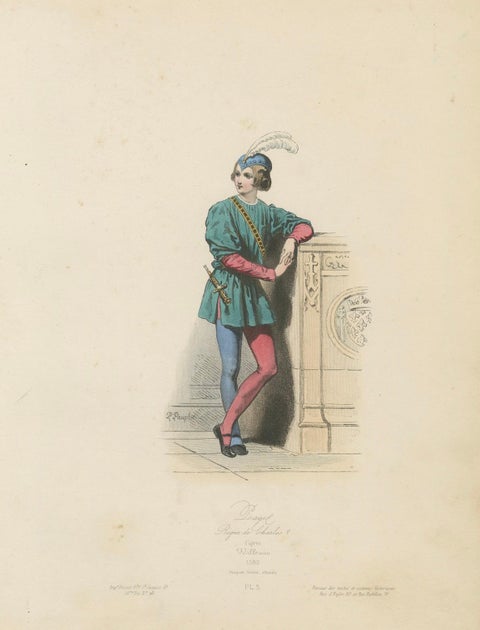 Antique French Costume Print of Medieval Page Boy, Hand-Colored, 19th Century, close-up 4