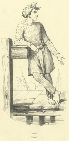 Malay People of Oceania, Antique Wahlen Costume Print, 1843-1844