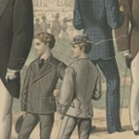 Antique Fashion Print of Men, Children and a Woman in the 19th Century, close-up 2
