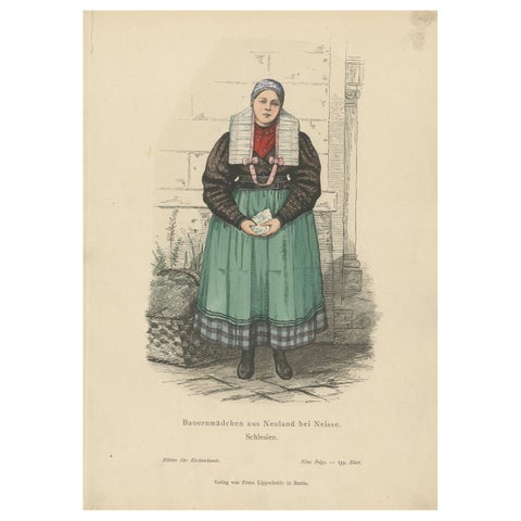 Antique Costume Print of a German Peasant Girl from Neuland Near Hamburg, c.1880