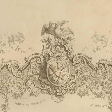 Louis XVI French Rococo Court Costume Lithograph, 1775, Published 1847, close-up 1
