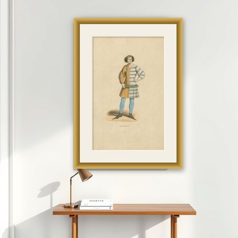 Elegant Renaissance Italian Youth Fashion, Published and Hand-Colored in 1847, shown framed on a wall