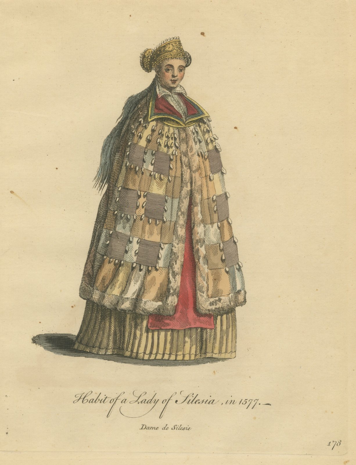 Lady of Silesia in Patchwork Fur Cloak and Gold Headdress, Costume of 1577, 1757