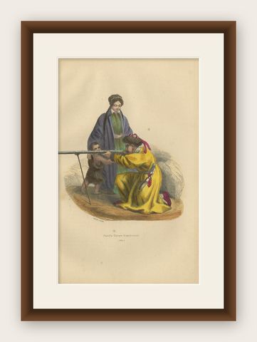 Tartar Family in Traditional Dress: 19th Century Ethnographic Illustration, shown framed