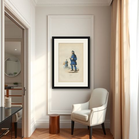 Laplanders in Traditional Winter Dress, Berghaus Ethnographic Print, 1855, shown framed in a room