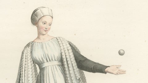 Medieval Tennis Costume Study, Hand-Colored Lithograph c.1845, close-up 2