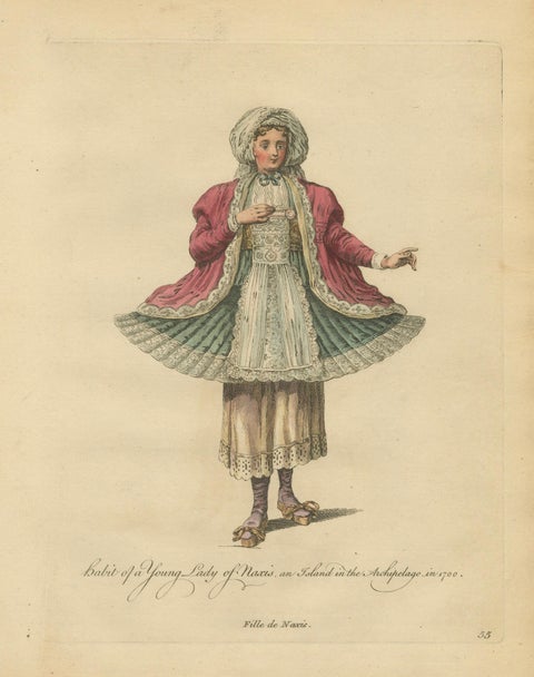 Antique Costume Print Young Lady of Naxos Archipelago Jefferys, 1749, close-up 1