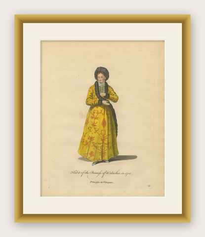 Antique Costume Print of a Princess of Wallachia, Engraving Jefferys, 1749, shown framed