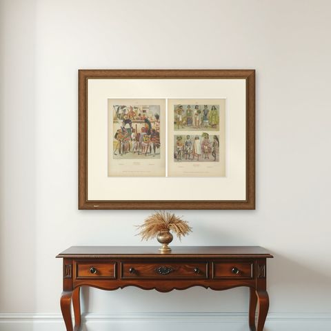 Aztec & Early Mexican Costumes, Set of 2 Antique Prints, 1500–1525, ca.1880, shown framed on a wall