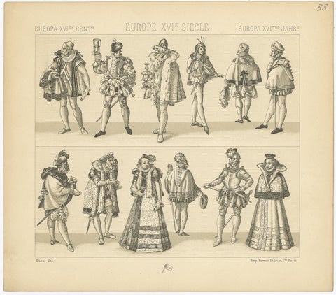Pl. 58 Antique Print of European 16th Century Costumes by Racinet, view 4
