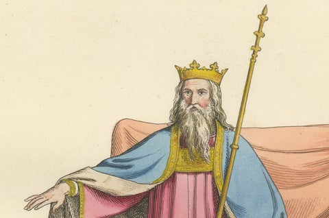 Antique 1845 Hand-Colored Print of a Medieval King in Regal Robes with Scepter, close-up 3