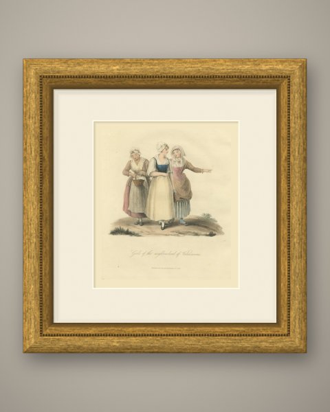 Girls near Valenciennes, French Regional Dress, Antique Print, 1817, shown framed