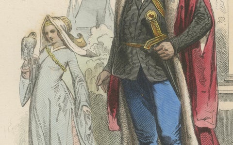 Antique French Costume Print of a Baron and Baroness in Medieval Attire, ca.1860, close-up 2