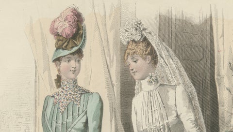 French Fashion Print, Bridal Scene with Ladies & Child, c.1887, close-up 2