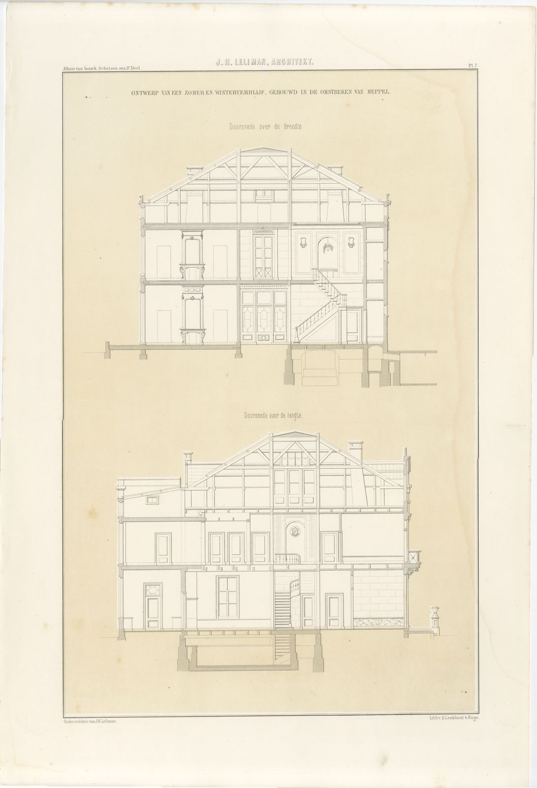 Meppel Country House, Sections, Dutch Architecture Print, Leliman, 1865-1866