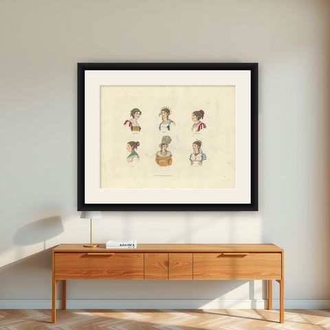 Italian Regional Costumes: Sarzana, Sesto, Rome and Florence, 1823, shown framed on a wall