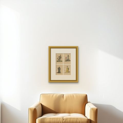 Medieval Court, Clergy & Peasants, 4 Antique Costume Prints, Bonnard 1845, shown framed on a wall