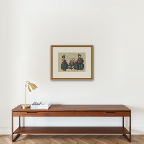Charming Dutch Folk Art Print of Staphorst Mother and Children in Costume, 1932, shown framed on a wall
