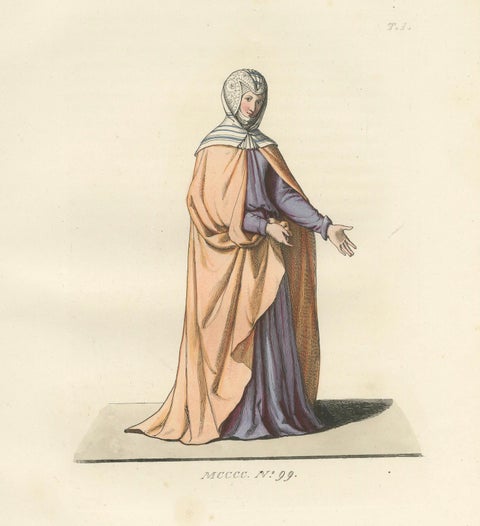 Medieval Costume Print 1845, Noblewoman in Peach and Lavender Robes, close-up 4