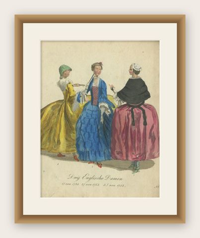 Antique Hand-Colored Engraving of three Ladies from England, 1805, shown framed
