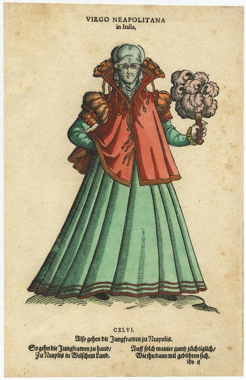 Virgin Woman from Naples, Antique Hand-Colored Woodcut by Jost Amman, 1577, view 2