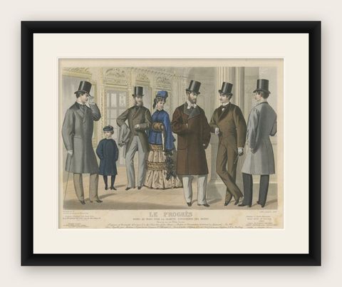 Hand-Colored Antique Fashion Print, Published in October, 1874, shown framed