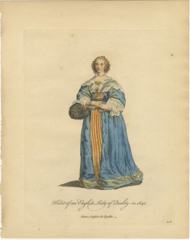 English Lady of Quality in 1640 with Feather Fan, Jefferys Costume Print, 1757, view 2
