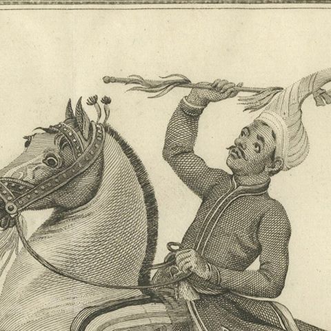 Mounted Warrior of the Kassai Region, Antique Costume Print, circa 1800, close-up 6