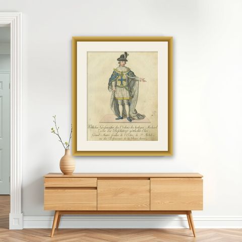Grand Master of the Order of St. Michael in Ceremonial Attire, 1791 Engraving, shown framed on a wall