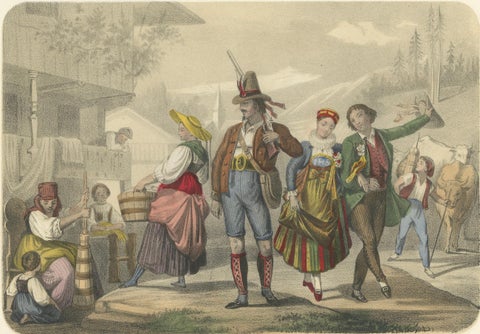 Swiss and Tyrolean Costumes, Fiancés of Fribourg and Tyrolean Figures, c.1845, close-up 1