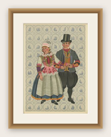 Dutch Folk Couple in Vibrant Marriage Dress from Marken, Netherlands, c.1932, shown framed