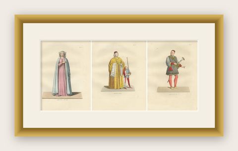 Medieval Fashion Ensemble from Rome & Venice, 14th–15th Century, Published 1845, shown framed