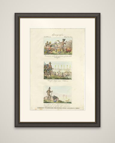 Antique Print of Warrior Costumes and Scenes of North America, '1845', shown framed