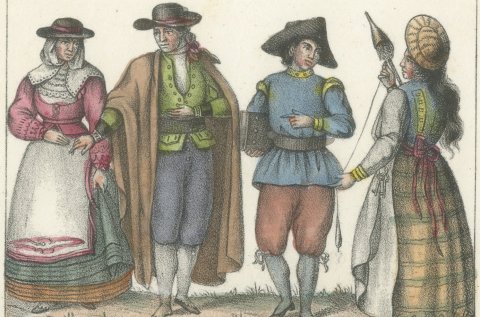 Costume of Salamanca, Leon, Avila and Catalonia, Hand Colored Lithograph, 1842, close-up 1
