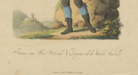 Upper Austria Folk Costume Pair, Antique Hand-Colored Lithographs, Vienna 1825, close-up 6