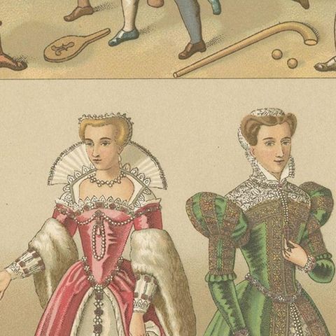Pl. 82 Antique Print of European XVIth-XVII Century Costumes by Racinet, close-up 2