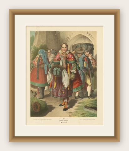 Pomeranian Traditional Costume Chromolithograph, Weizacker, c.1875, shown framed