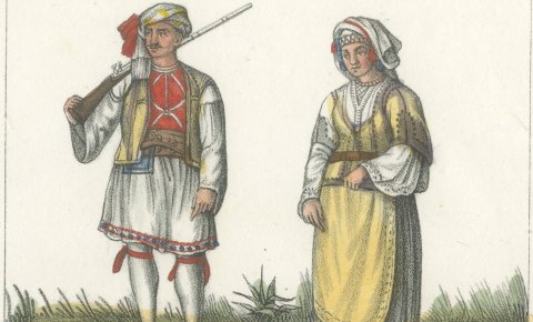 Sailors of Achadia and an Albanian Officer in Greek Costume, 1842, close-up 1